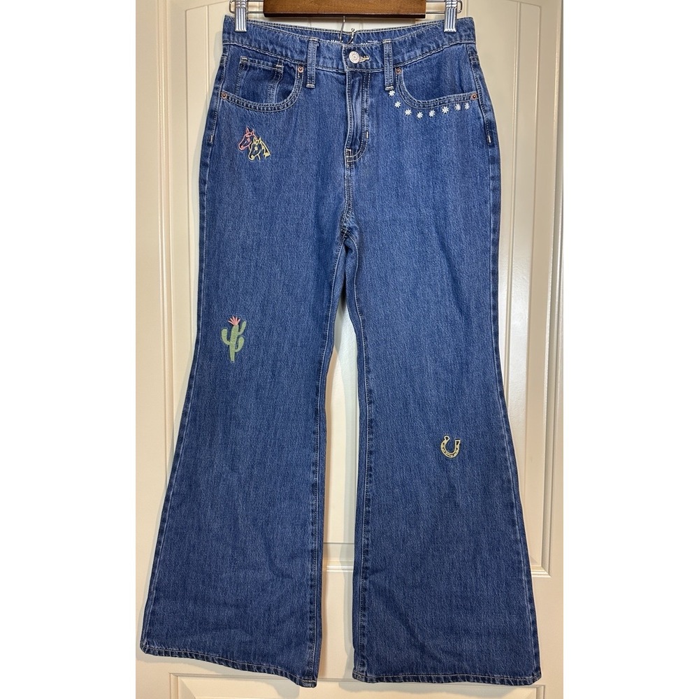 Old Navy Jeans Girls 14 Blue High Rise Baggy Flare Western Horse Cowgirl Rodeo